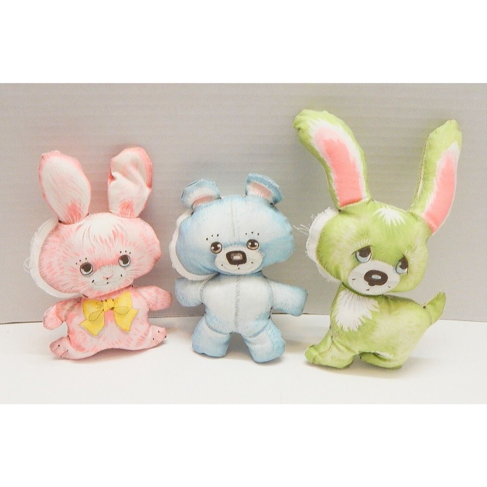 Cut and Sew Fabric Cloth Stuffed Pillow Handmade Bunny Bear Incomplete Lot of 3